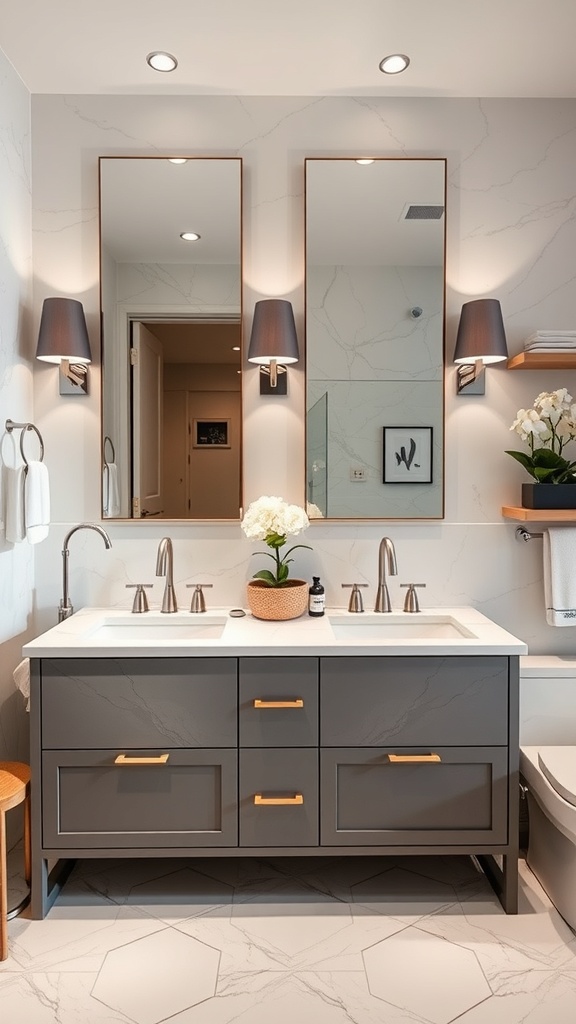 Modern luxury bathroom featuring a statement vanity with dual sinks, gray finish, gold hardware, and marble countertop.