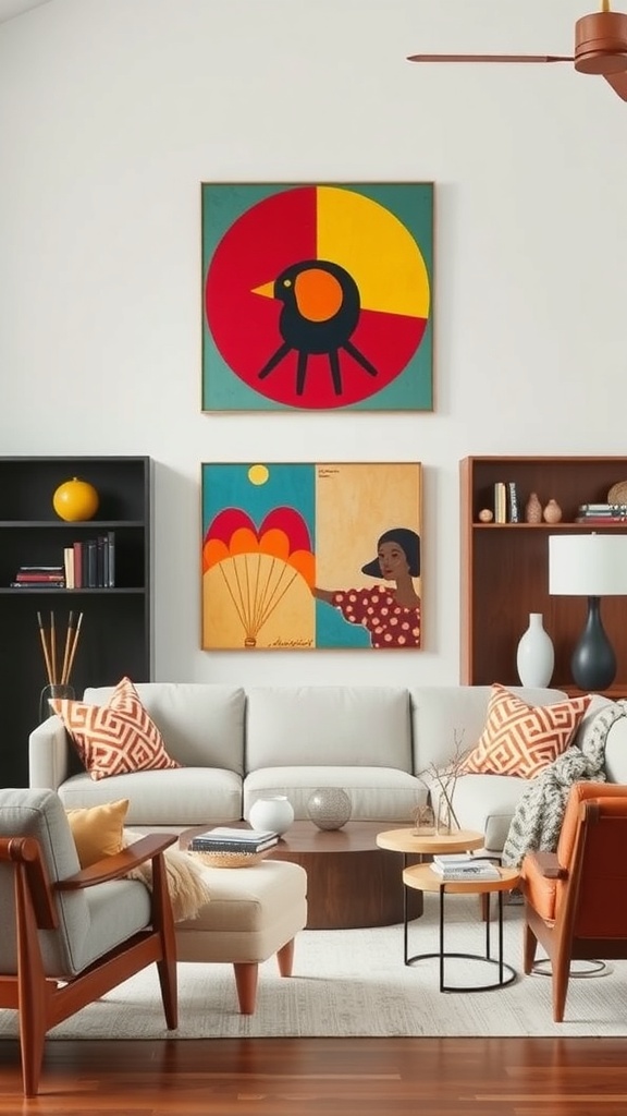 Mid-century modern living room with colorful statement wall art