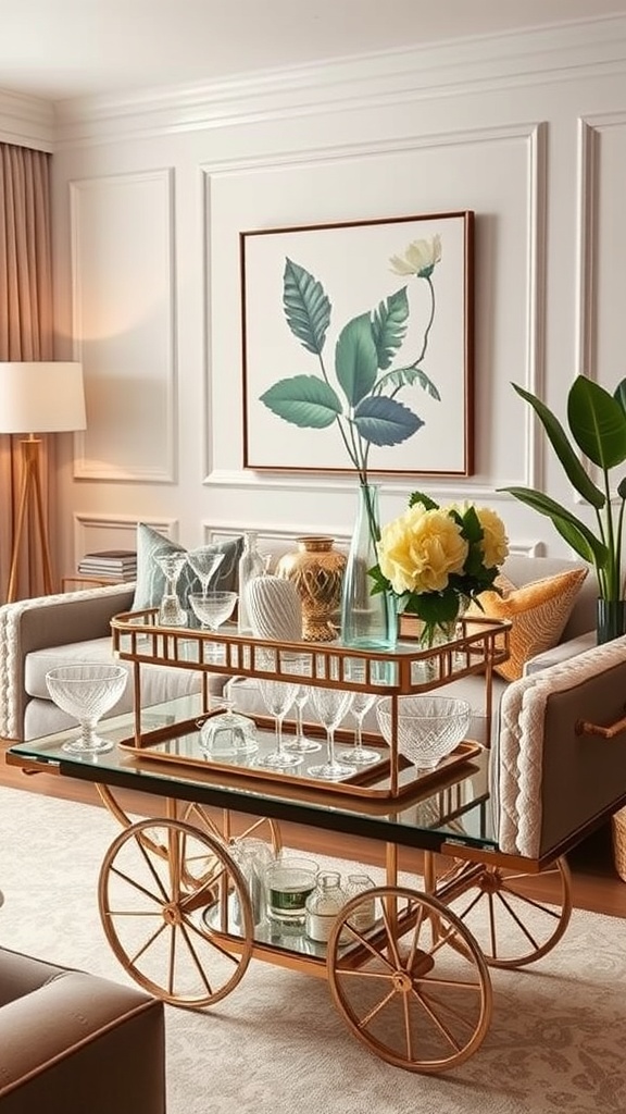 A stylish bar cart setup featuring gold accents, elegant glassware, and fresh flowers in a modern living room.