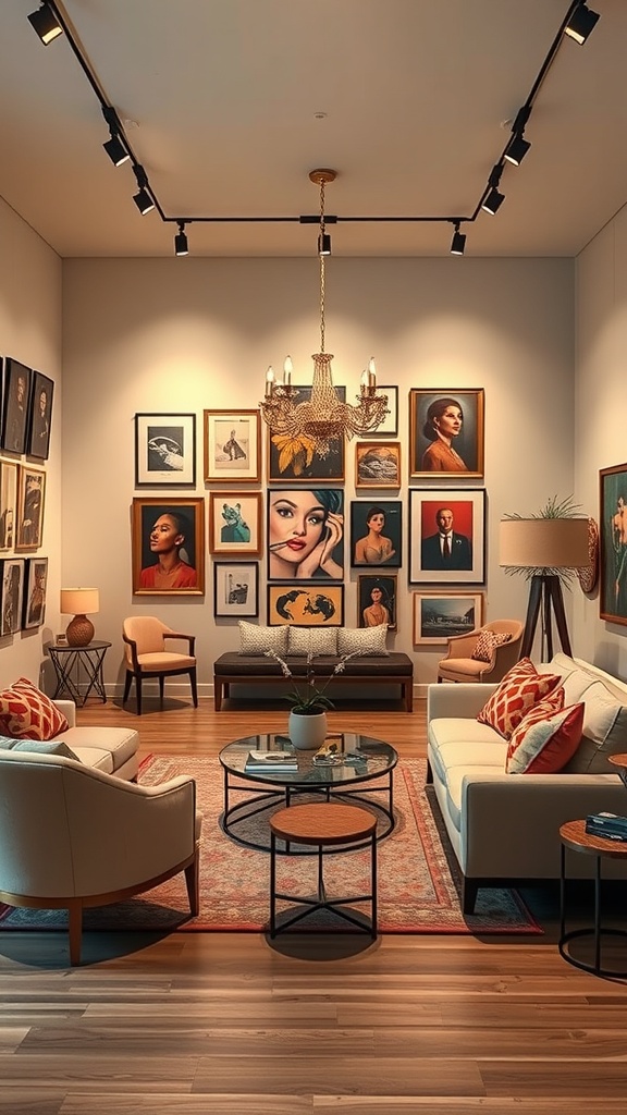 A stylish living room featuring a gallery wall of framed artwork, comfortable seating, and elegant lighting.