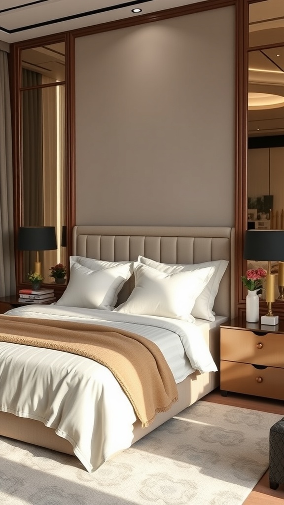 A modern luxury bedroom featuring stylish nightstands with decorative items.