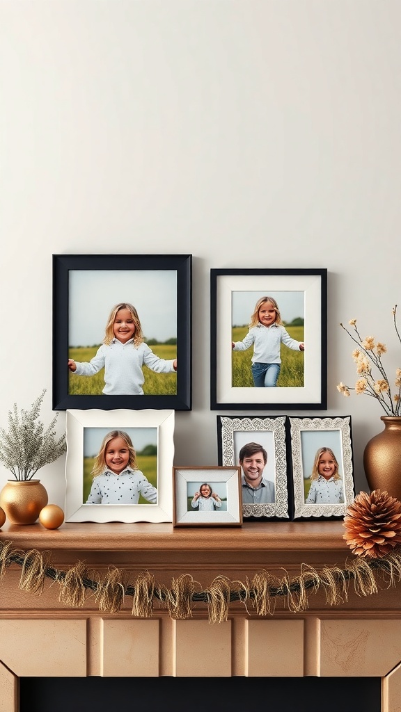 A collection of stylish 3D printed picture frames displaying happy photos on a wooden mantel.