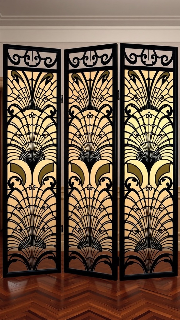 Art Deco style folding screen with intricate geometric patterns