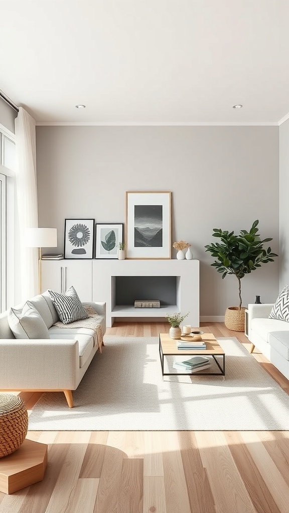 A stylish Scandinavian living room featuring light wood floors, neutral walls, and comfortable furniture.