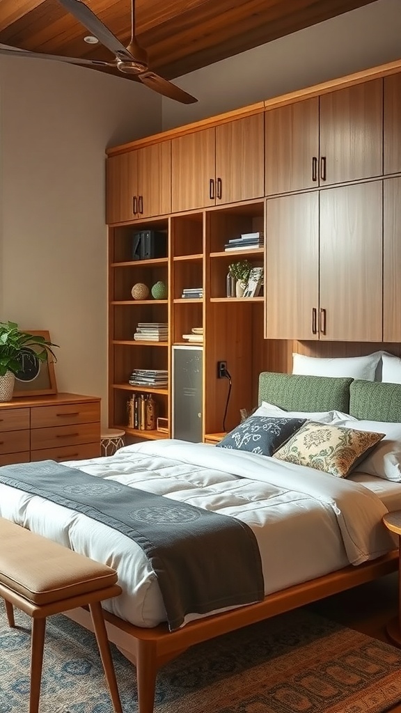 A mid-century modern bedroom featuring wooden storage cabinets and a cozy bed with decorative pillows.