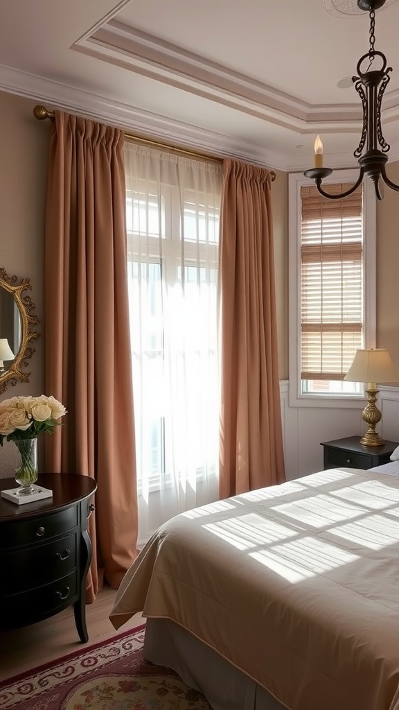 A stylish guest bedroom with peach curtains, sheer drapes, and blinds, creating a cozy atmosphere.