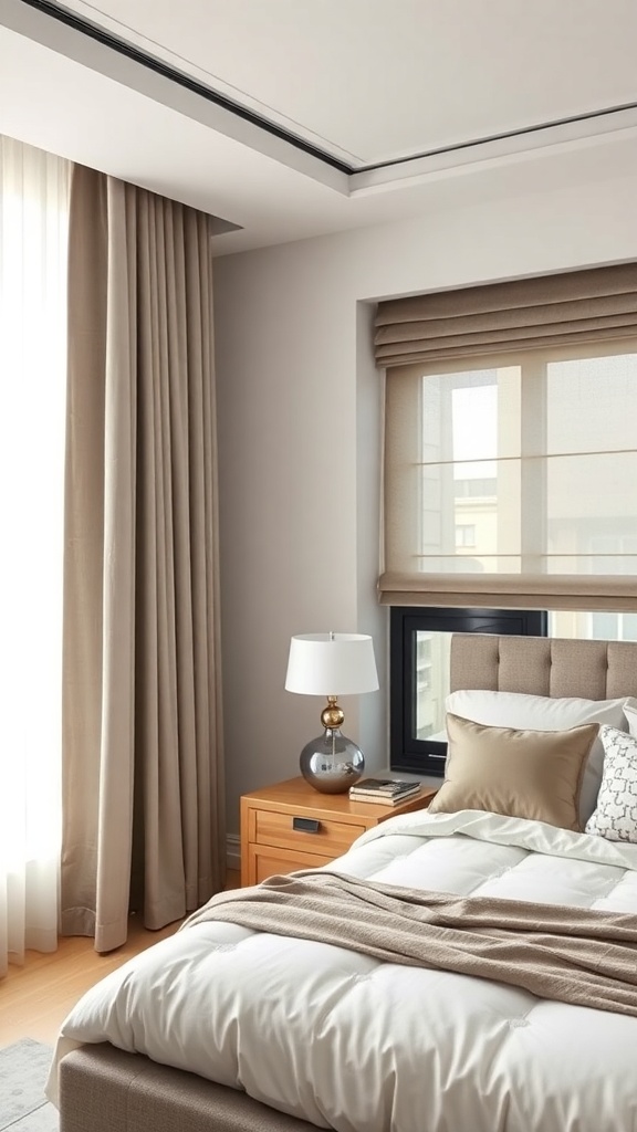 A modern luxury bedroom featuring stylish window treatments with soft curtains and sleek shades.