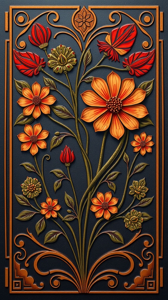 Stylized floral motifs in Art Deco style featuring vibrant flowers in red and orange against a dark background.