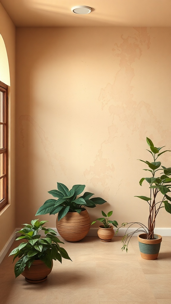 A cozy room with peach walls and various potted plants, showcasing a subtle color palette inspired by nature.