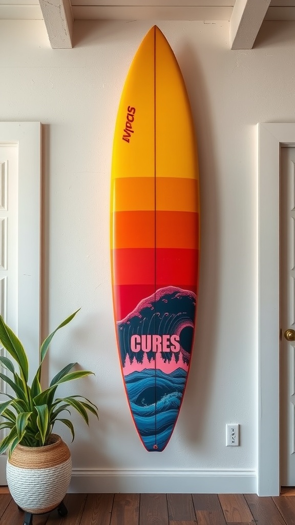 A colorful surfboard wall art featuring a gradient of yellow, orange, and red with a wave graphic, mounted on a white wall.