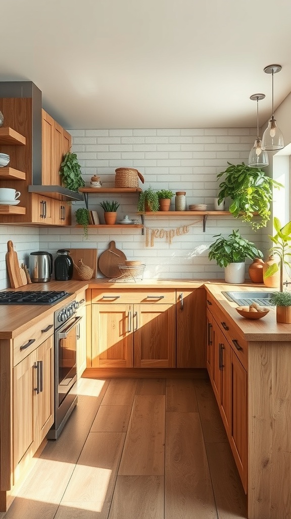 A cozy kitchen with wooden cabinets, natural light, and plants, showcasing sustainable design.