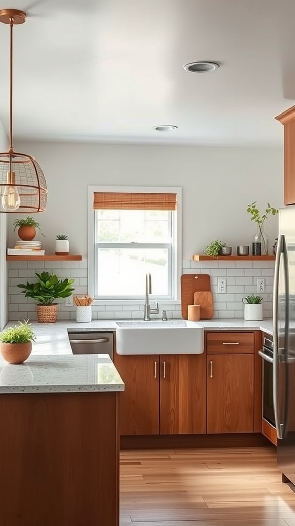 A mid-century modern kitchen featuring warm wood cabinets, a farmhouse sink, and potted plants on shelves.