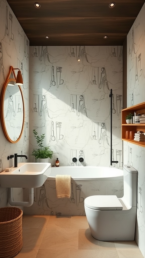 A modern luxury bathroom featuring eco-friendly materials, a wooden bathtub accent, plants, and energy-efficient lighting.