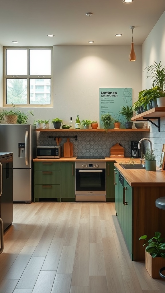 A modern kitchen featuring green cabinetry, natural wood countertops, and various indoor plants.