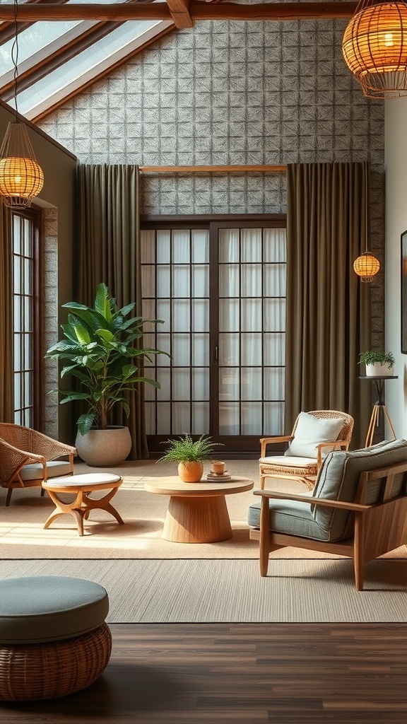 A cozy Japandi-inspired living room featuring sustainable furniture choices, including wooden chairs and a round table, with natural light streaming in.