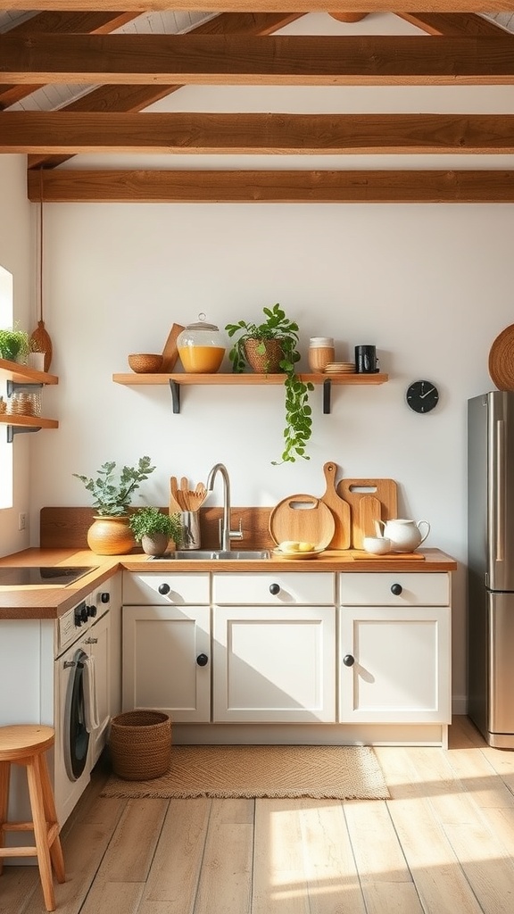 A cozy boho kitchen with wooden beams, open shelving, and plants.