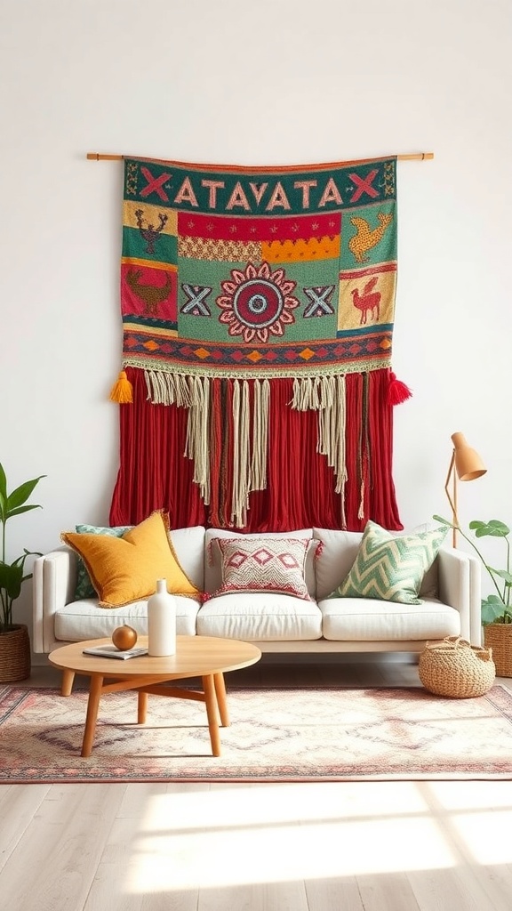 A colorful textile wall art tapestry hanging above a cozy sofa with decorative cushions.