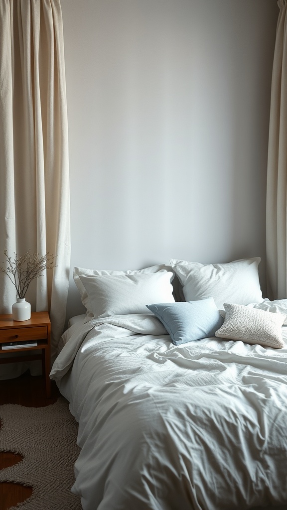 A minimalist bedroom featuring a bed with white bedding and textured pillows, complemented by a wooden nightstand and a soft rug.