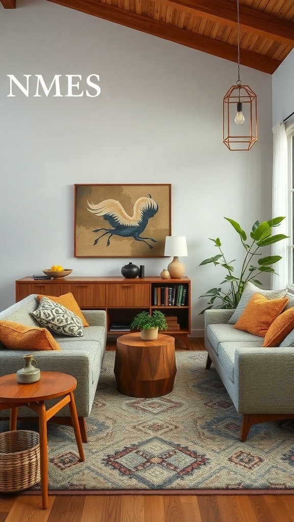 A cozy mid-century modern living room featuring gray sofas with orange cushions, a wooden coffee table, and a patterned area rug.