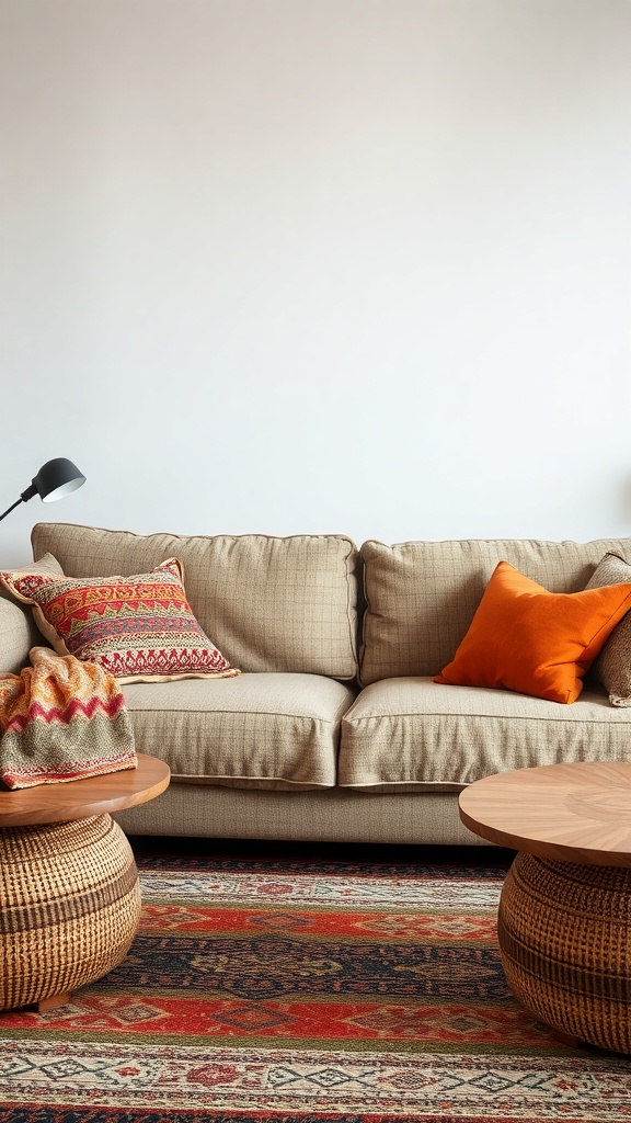 A cozy living room featuring a textured sofa with colorful pillows and woven accessories.