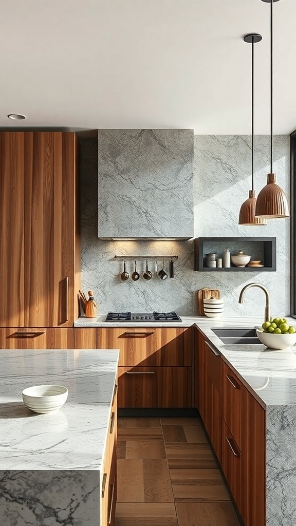 A luxury kitchen featuring textured wood cabinetry and sleek marble countertops.