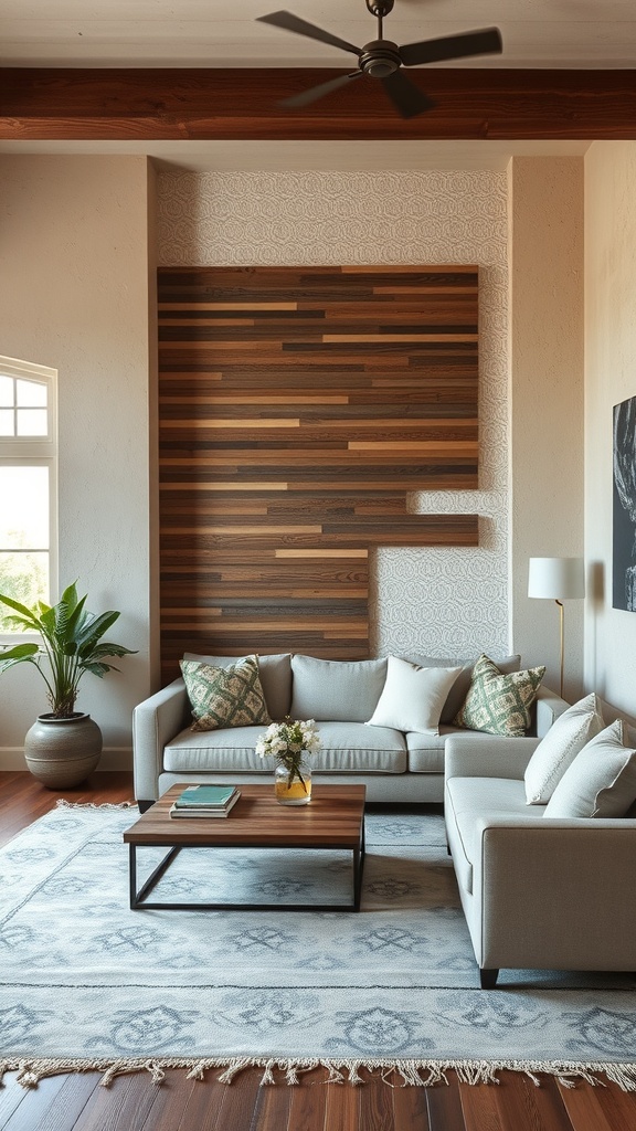 A living room featuring a textured wall with wooden panels and a patterned background, complemented by a cozy sofa and indoor plants.