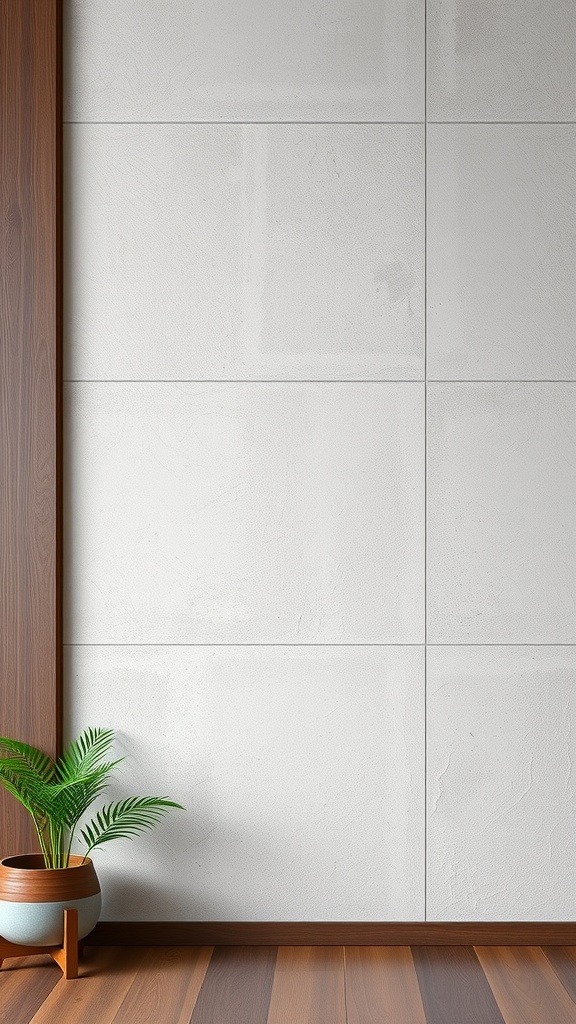 A textured wall with light panels and wooden trim, featuring a potted plant in front.