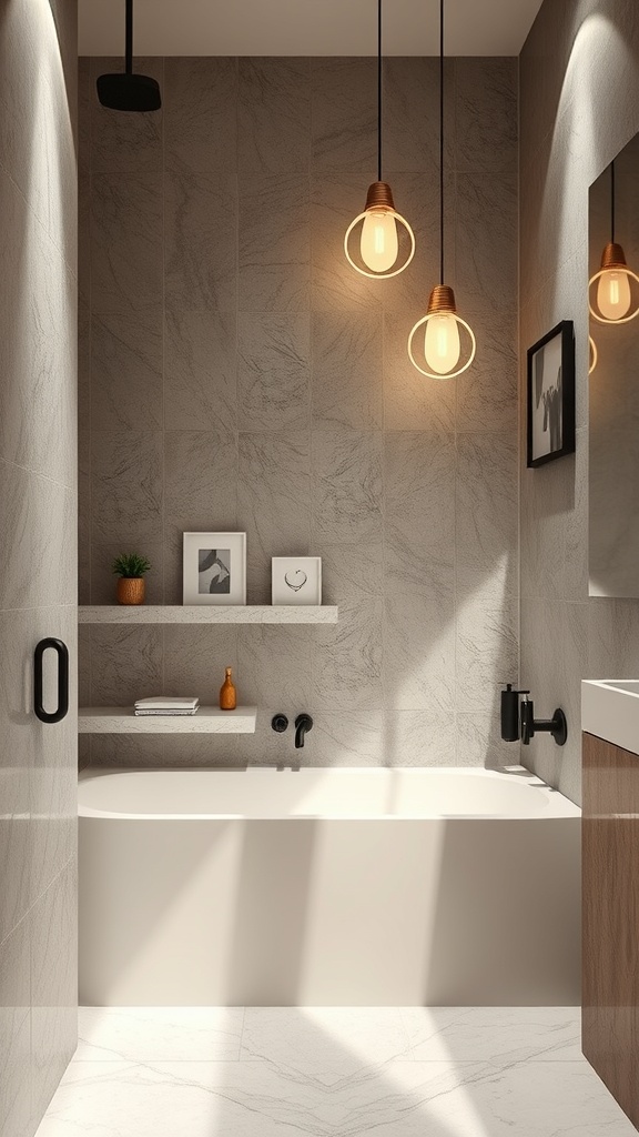 Modern luxury bathroom with textured walls and unique lighting fixtures