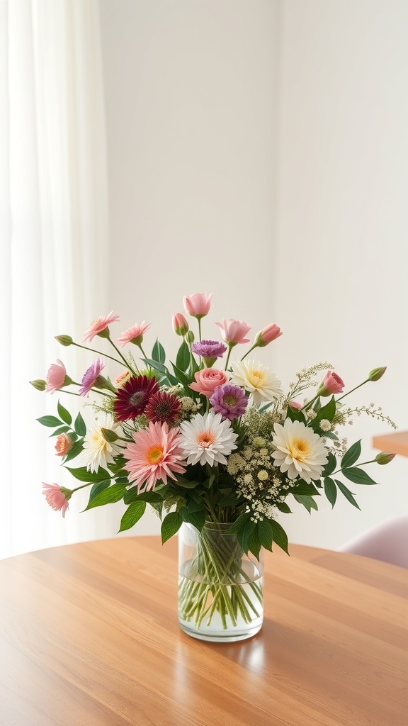 A bouquet of colorful flowers in a glass vase on a wooden table.