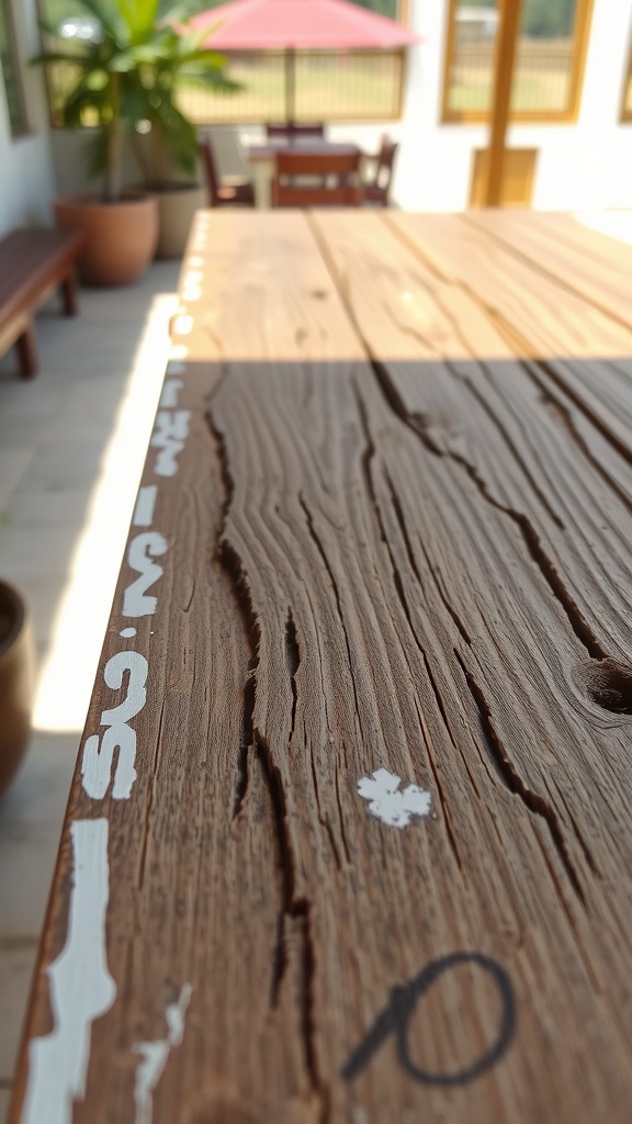 Close-up of a weathered wooden table with visible grooves and markings, set in a bright space with plants and outdoor seating.