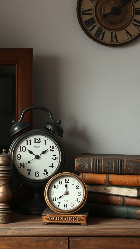 A cozy arrangement of vintage clocks and books on a wooden surface.