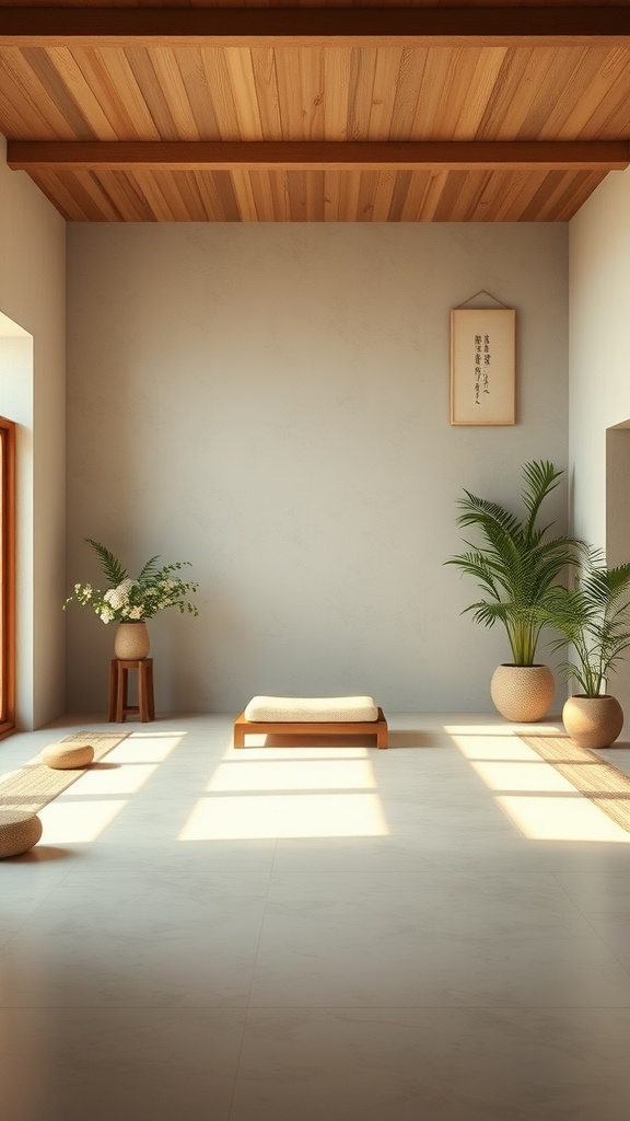 A minimalist room with wooden ceiling, soft cushions, and plants, showcasing wabi-sabi design.