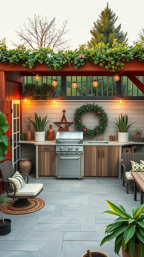 A cozy outdoor kitchen with a grill, plants, and decorative lights.