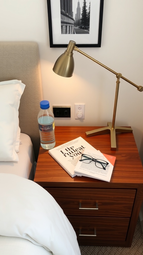 A nightstand with a lamp, water bottle, book, and glasses beside a bed.