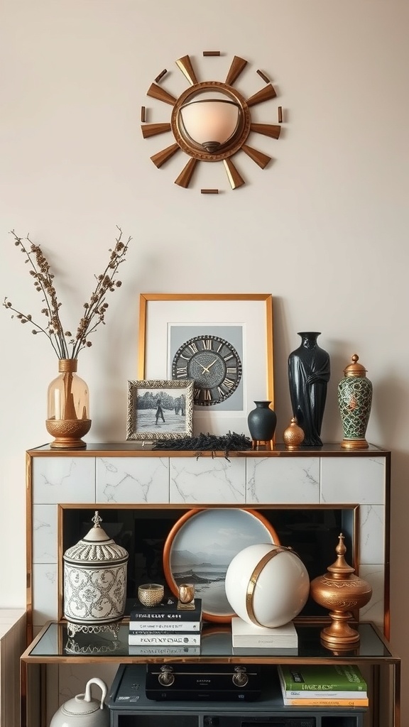 A stylish arrangement of Art Deco accessories including a wall sconce, vases, framed artwork, and decorative objects on a shelf.