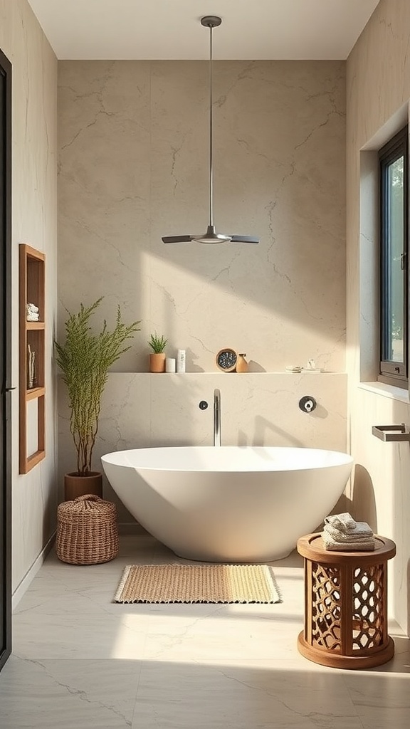 A minimalist bathroom featuring a wooden countertop, white sink, and natural light.