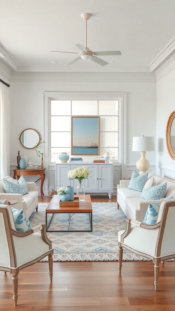 A stylish coastal living room featuring light colors, plush seating, and natural light.