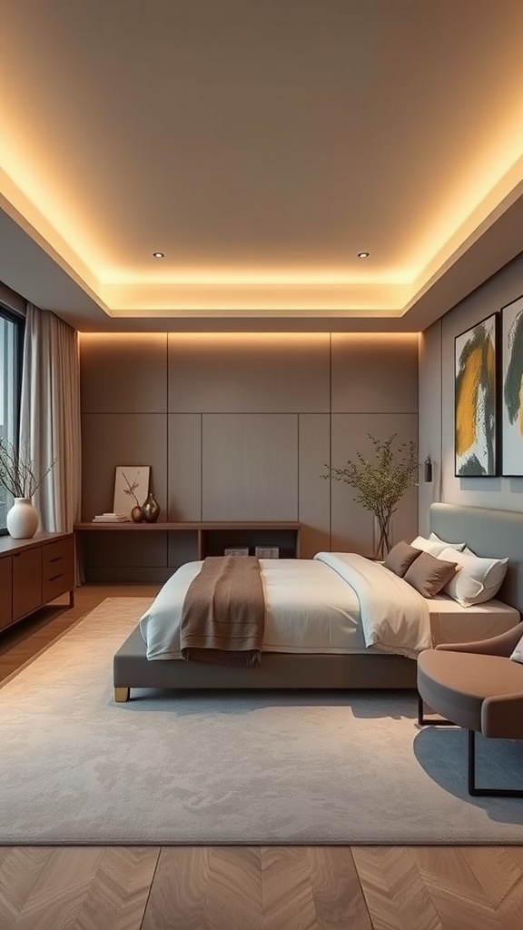 A modern luxury bedroom featuring soft lighting, natural materials, and elegant furnishings.