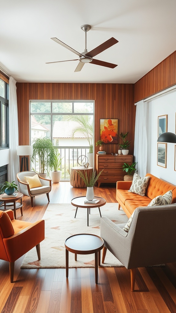 A stylish mid-century modern living room featuring wooden walls, large windows, and colorful furniture.