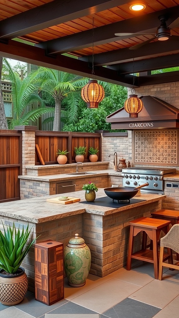 Traditional Asian-inspired outdoor kitchen with natural materials and greenery.