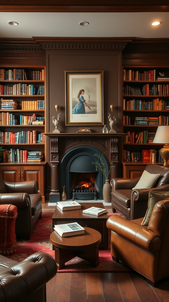 A traditional English library featuring wooden shelves filled with books, leather chairs, and a cozy fireplace.