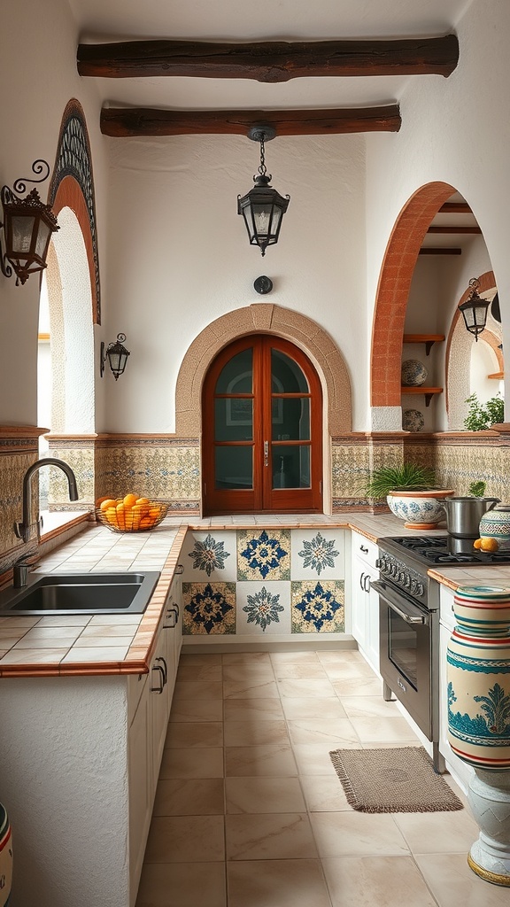 Traditional Mediterranean outdoor kitchen with colorful tiles and rustic wooden beams