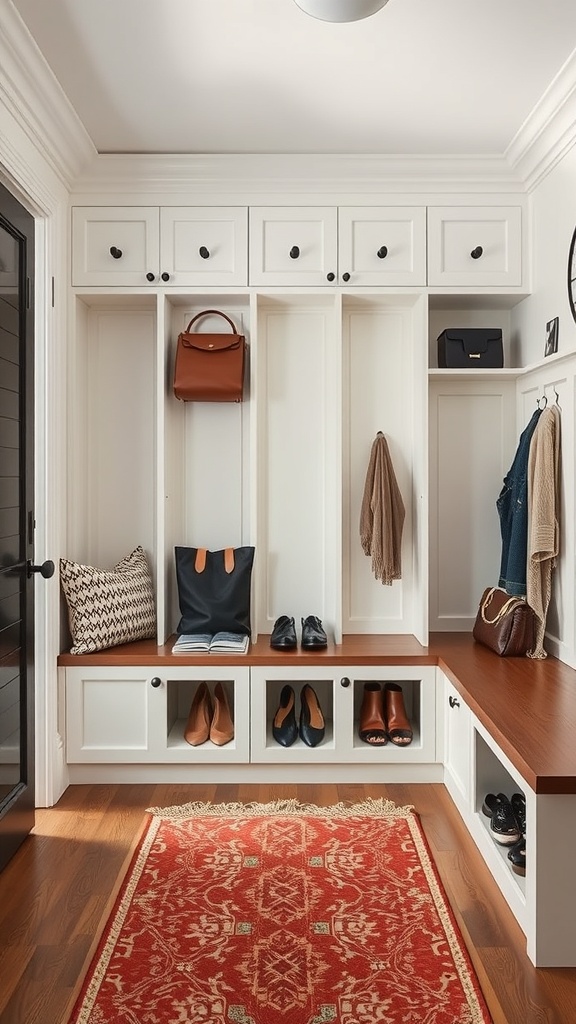 A stylish entryway with white cabinetry, a wooden bench, and a decorative rug.