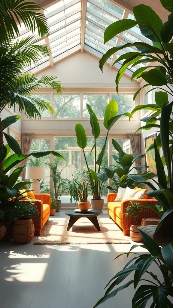 A bright living room filled with large plants and orange sofas, featuring a glass ceiling.