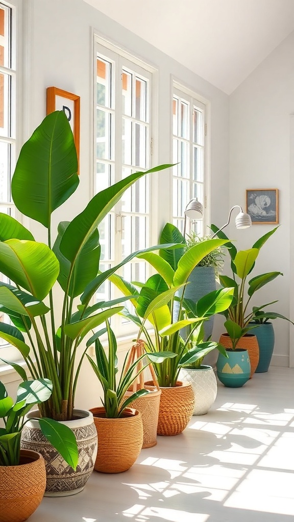 A bright room with tropical plants in decorative pots, showcasing various styles and textures.