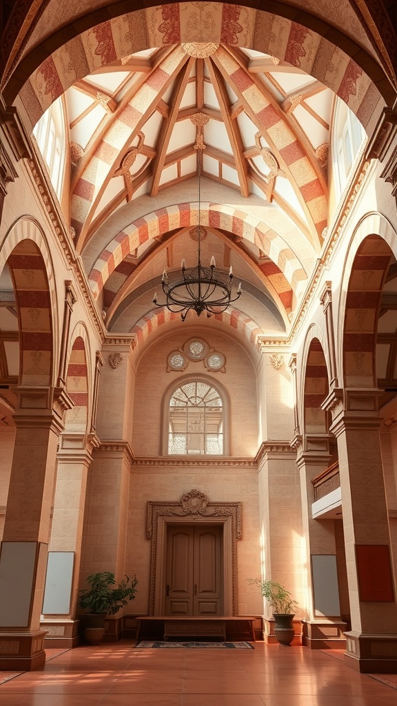 Interior of a luxury room featuring a high vaulted ceiling with wooden beams, intricate arches, and elegant lighting.