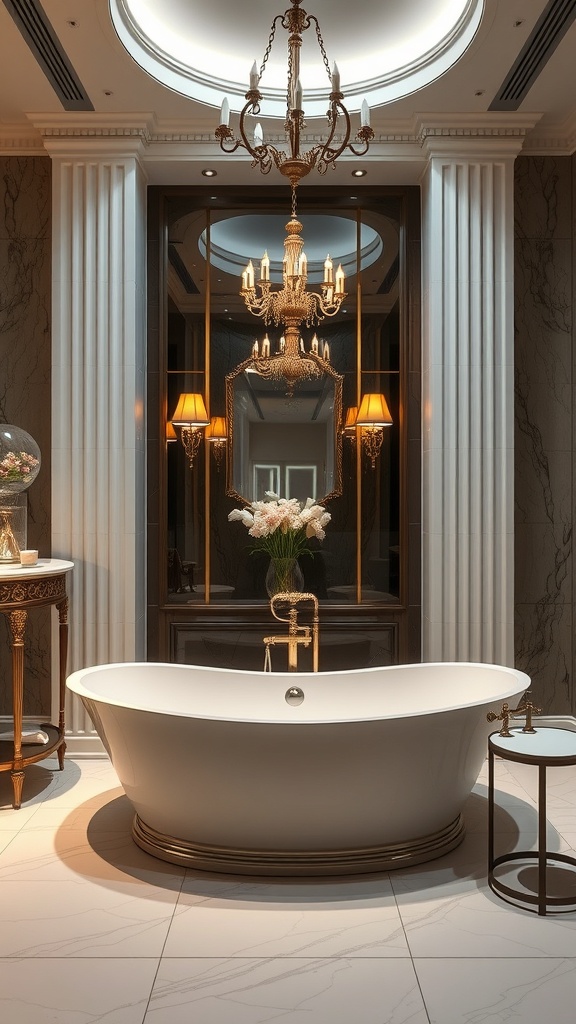 A modern luxury bathroom featuring a sleek oval bathtub, chandelier, and elegant decor.