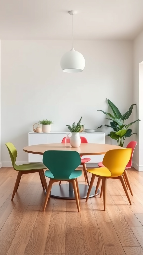 Colorful mid-century modern dining chairs around a round table in a bright dining room