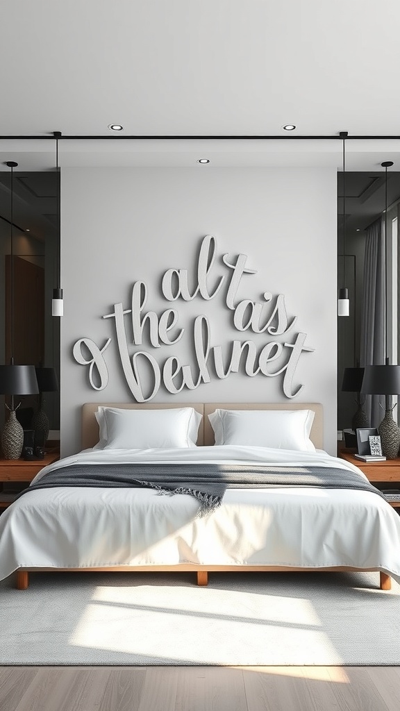 A modern luxury bedroom featuring a unique text-based headboard design.