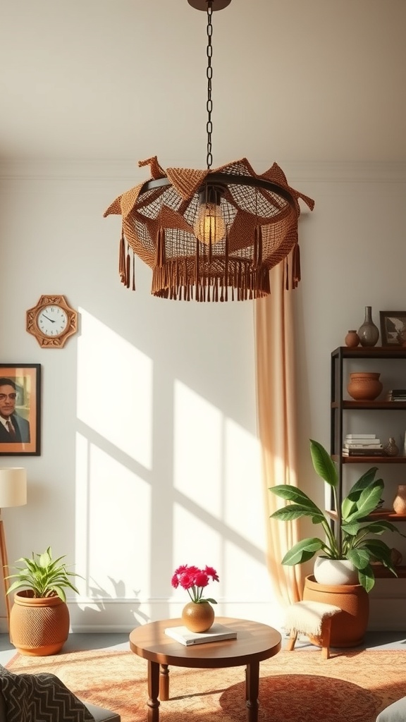 A unique woven light fixture hanging from the ceiling in a boho-inspired living room.